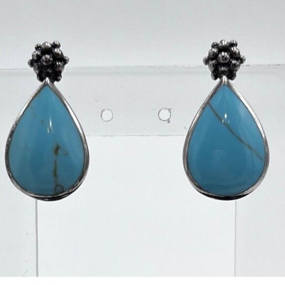 ClJ Turquoise Sterling Silver Teardrop Open Back Metal Work Flower Earrings - Picture 2 of 10